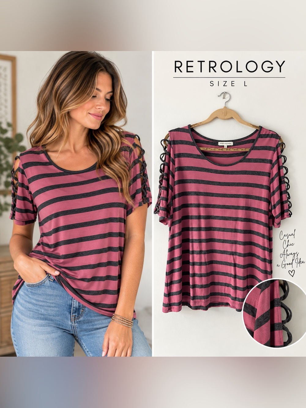 Retrology Pink & Gray Striped Lattice Sleeve Top Size Large
